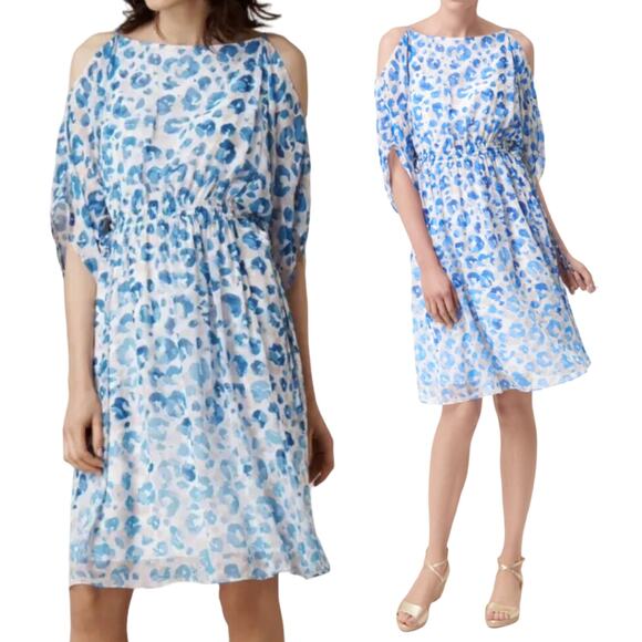 LK Bennett Silk Marnie Dress Cold Shoulder Leopard Print Andaman Blue Womens 10 - Picture 1 of 6